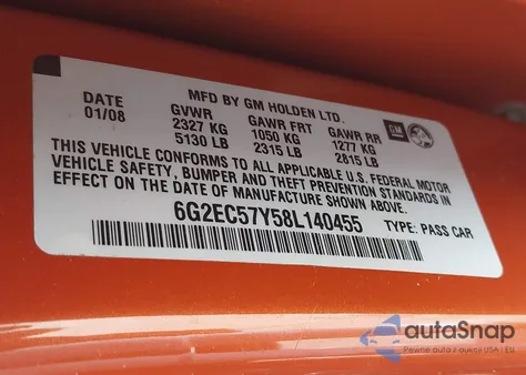 2008 Pontiac G8 Gt из США, поврежденный, VIN 6G2EC57Y58L140455